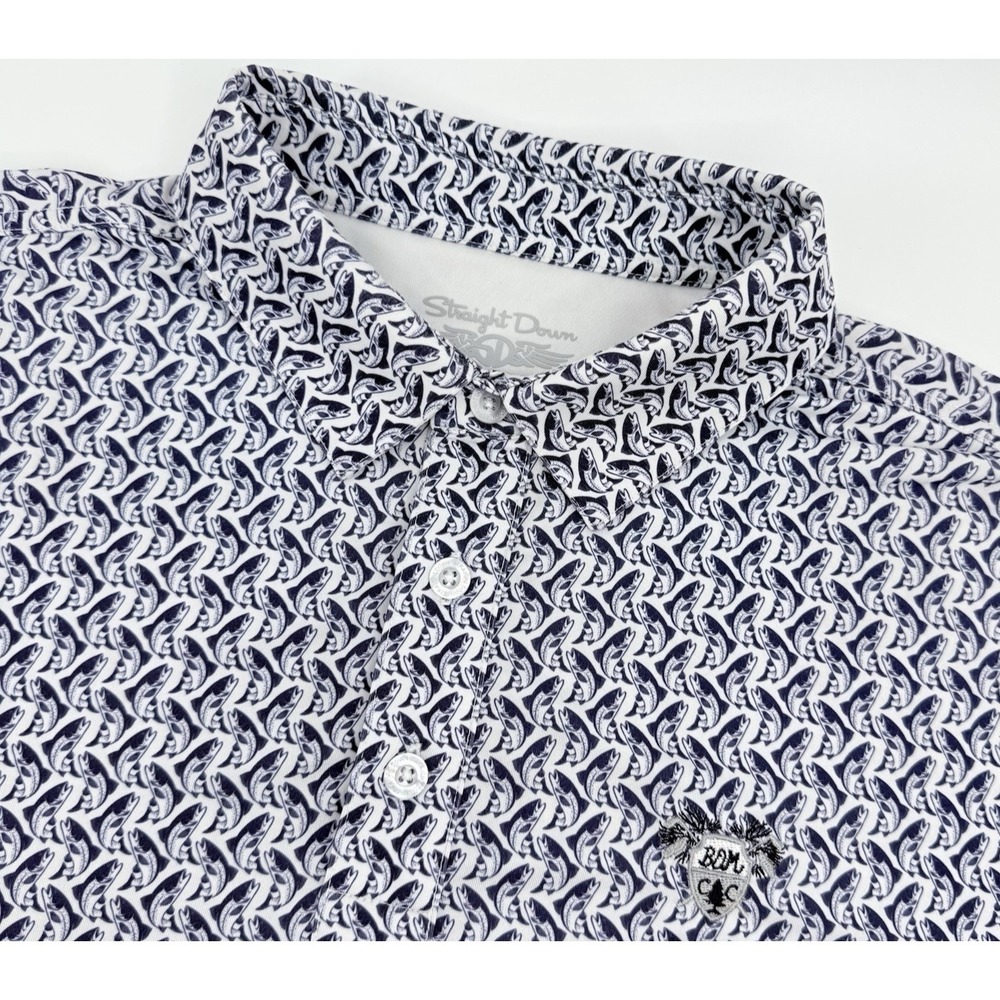 Straight Down Golf Polo Men L Blue Fish Print Performance Shirt